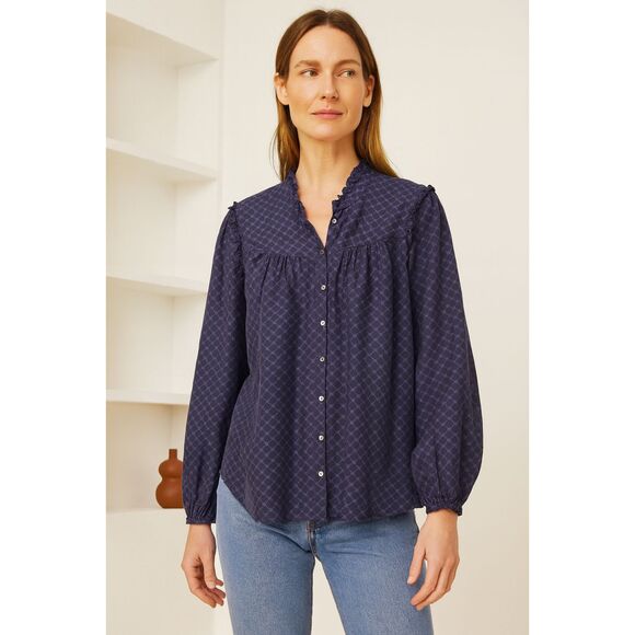 XIRENA Blue Pattern Button Front Long Sleeve Silk Shirt  Women's Size Medium - Picture 1 of 10